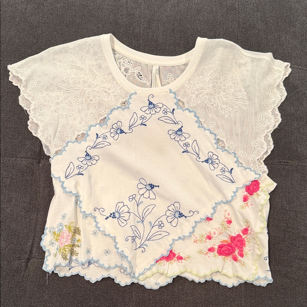Anthropologie White Eyelet & Floral Embroidered Patchwork Blouse